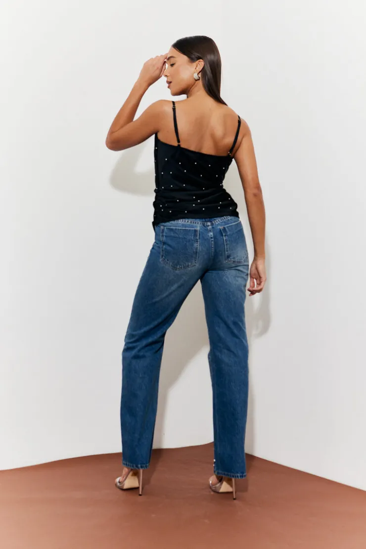 In The Style Pearl Embellished Cami Top Black