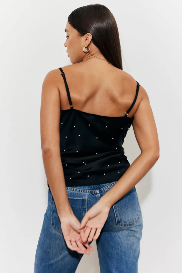 In The Style Pearl Embellished Cami Top Black
