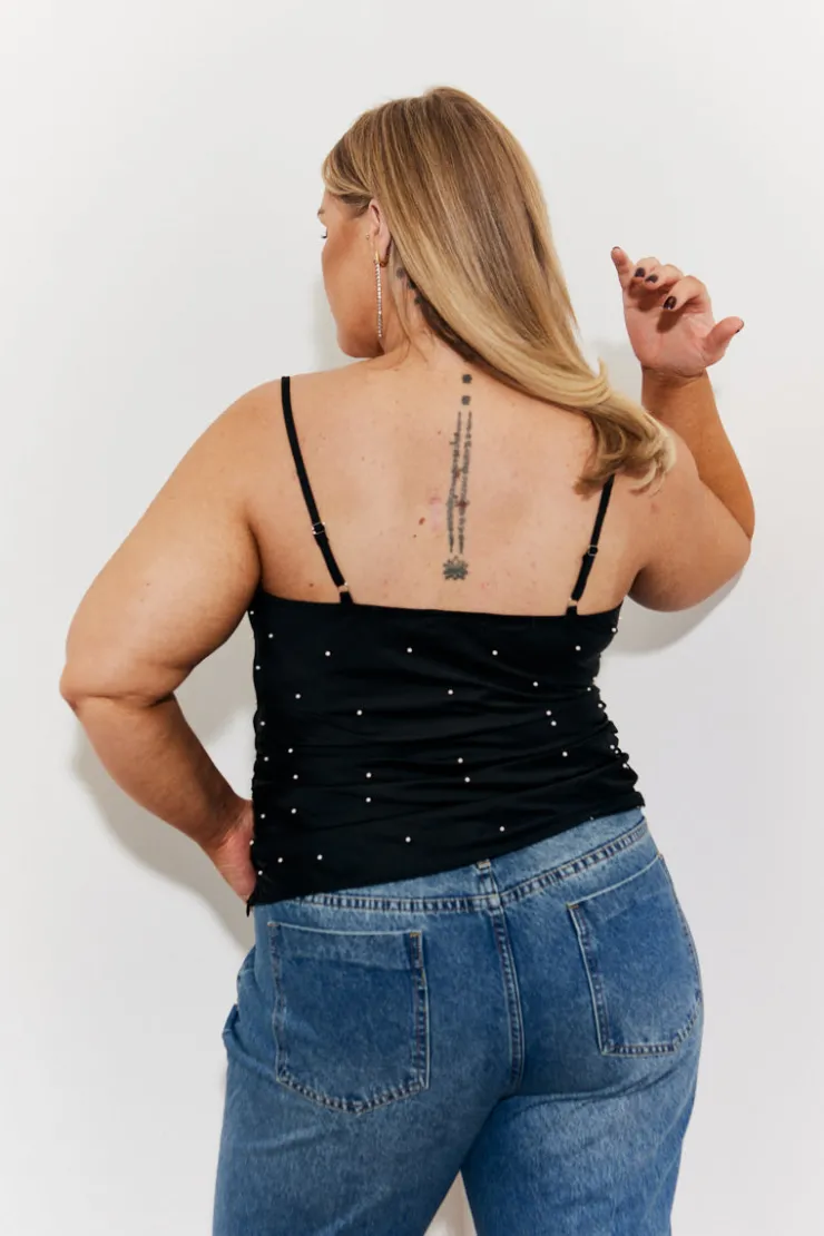 In The Style Pearl Embellished Cami Top Black