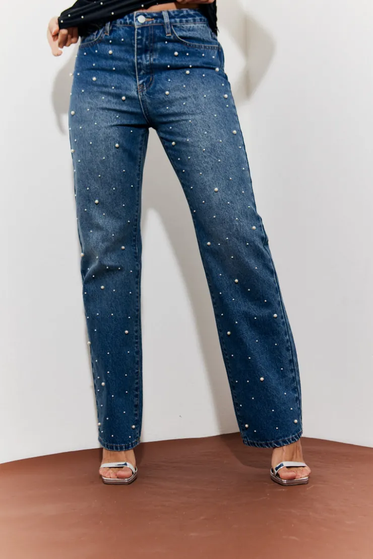 In The Style Pearl Embellished Jeans Blue