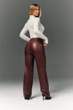 Online In The Style Perfect Sculpting High Waisted Leather Look Straight Leg Trouser Burgundy