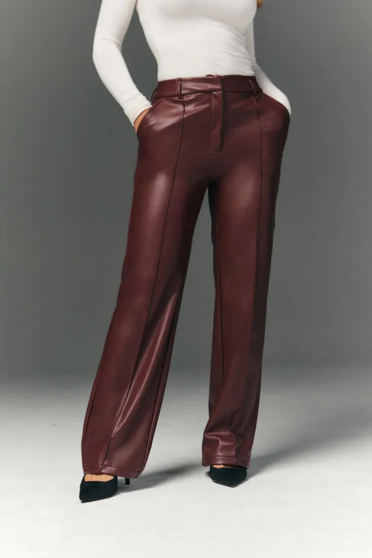 Online In The Style Perfect Sculpting High Waisted Leather Look Straight Leg Trouser Burgundy