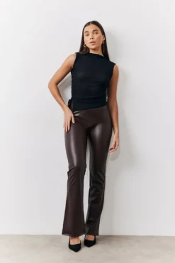 Sale In The Style Perfect Sculpting High Waisted Leather Look Flare Chocolate