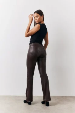 Sale In The Style Perfect Sculpting High Waisted Leather Look Flare Chocolate
