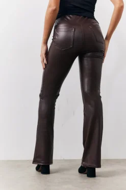 Sale In The Style Perfect Sculpting High Waisted Leather Look Flare Chocolate