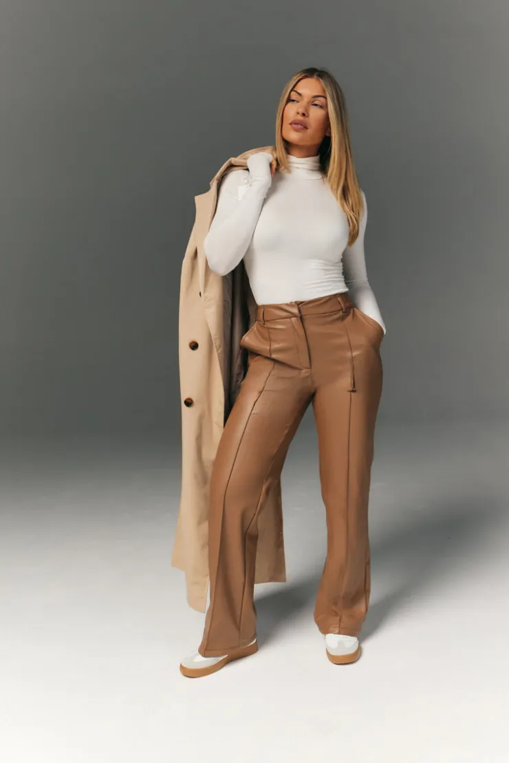 Discount In The Style Perfect Sculpting High Waisted Leather Look Straight Leg Trouser Camel
