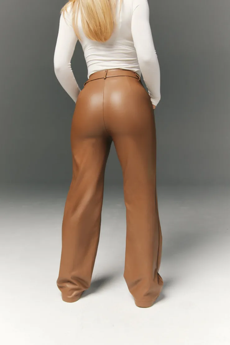 Discount In The Style Perfect Sculpting High Waisted Leather Look Straight Leg Trouser Camel