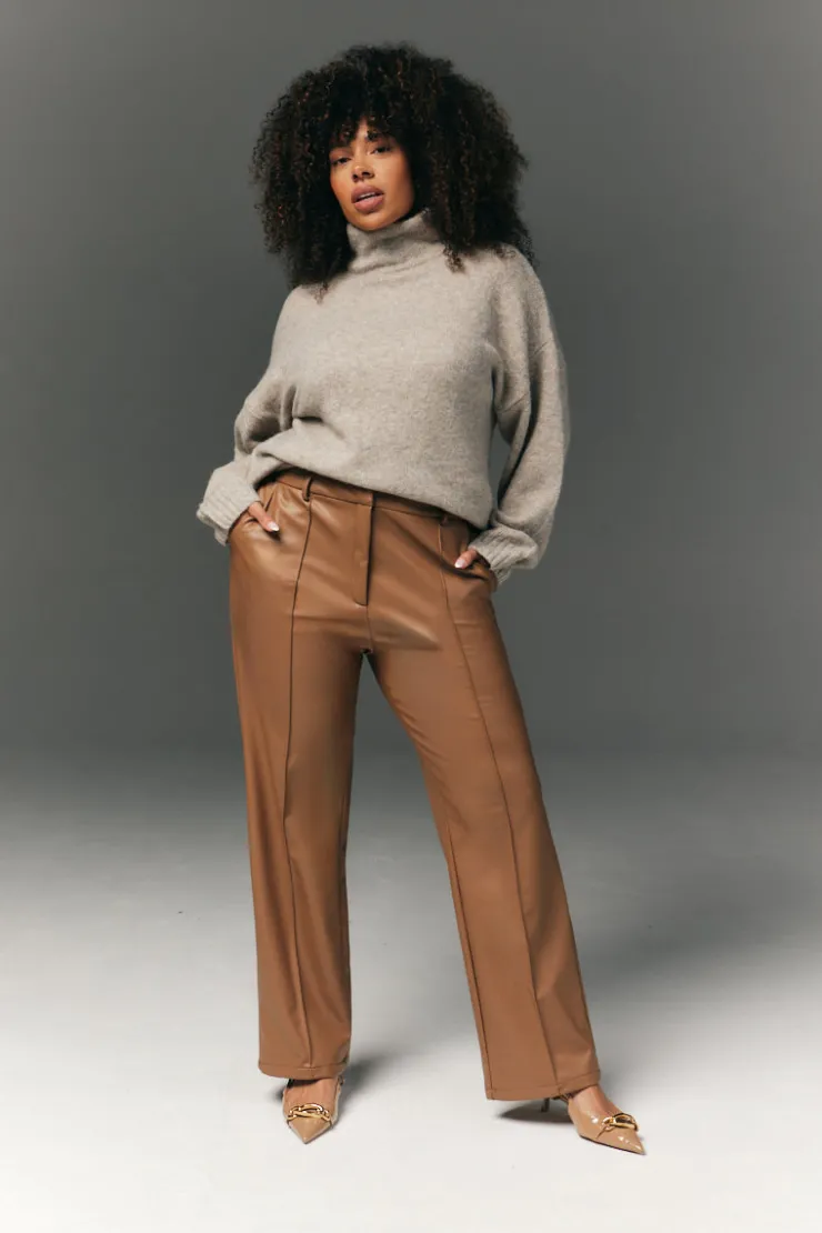 Discount In The Style Perfect Sculpting High Waisted Leather Look Straight Leg Trouser Camel
