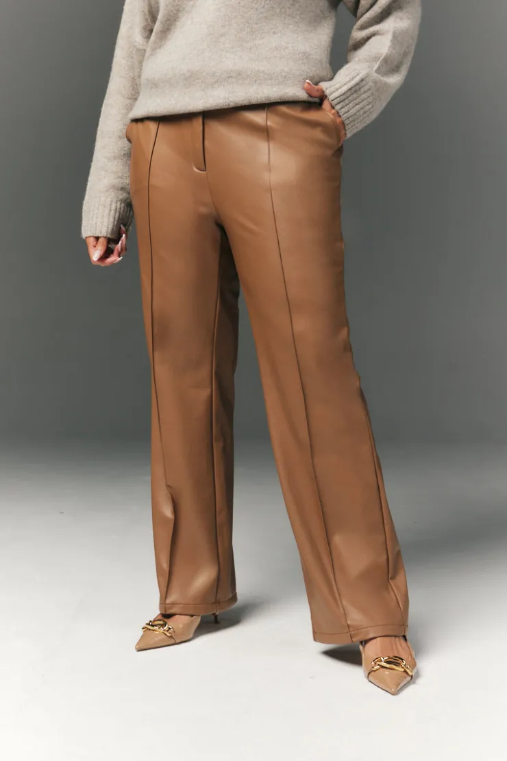 Discount In The Style Perfect Sculpting High Waisted Leather Look Straight Leg Trouser Camel