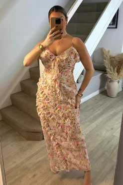 Discount In The Style Pink Floral Frill Detail Maxi Dress Multi