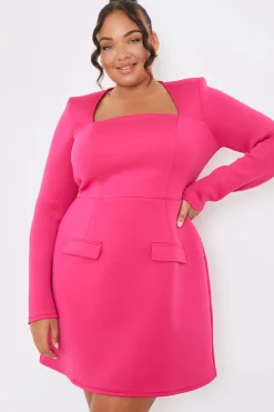 Best In the Style Square Neck Long Sleeve Structured Mini Dress Pink