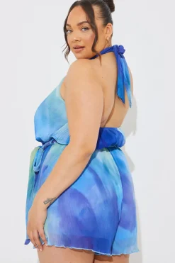 Sale In the Style Plisse Abstract Halterneck Belted Playsuit Blue
