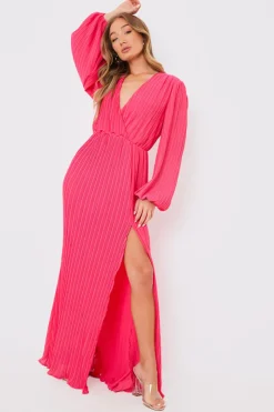 Hot In the Style Plisse Ballon Sleeve Maxi Dress Pink