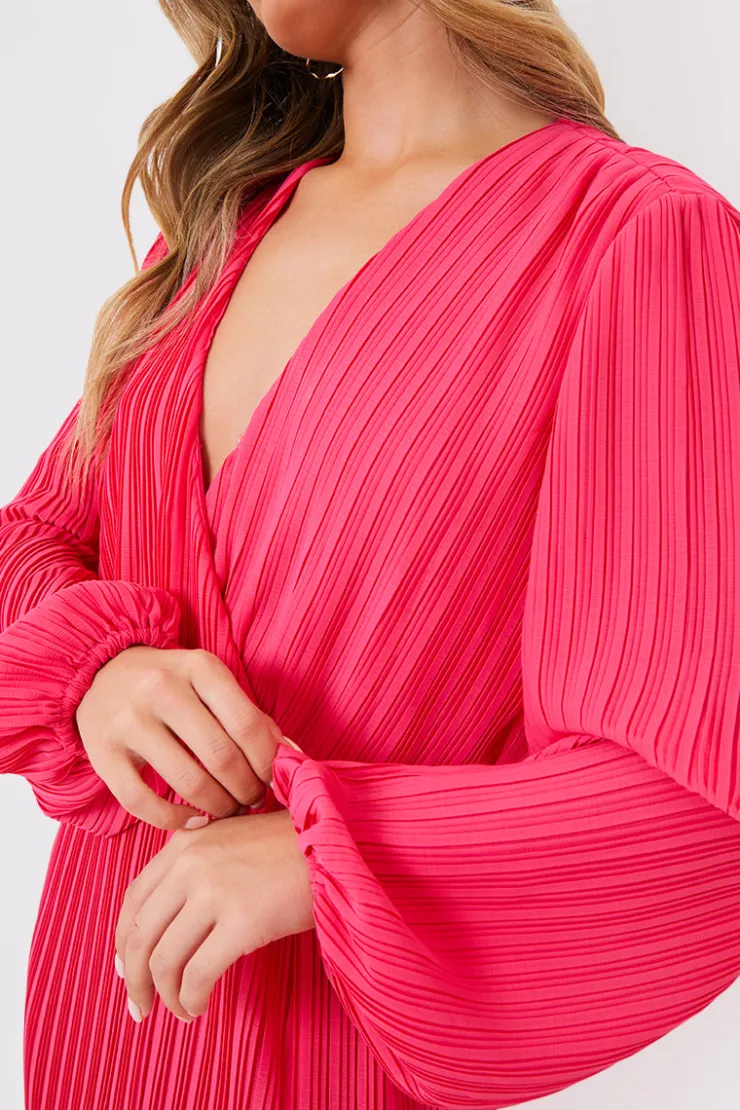 Hot In the Style Plisse Ballon Sleeve Maxi Dress Pink