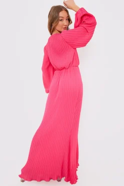 Hot In the Style Plisse Ballon Sleeve Maxi Dress Pink