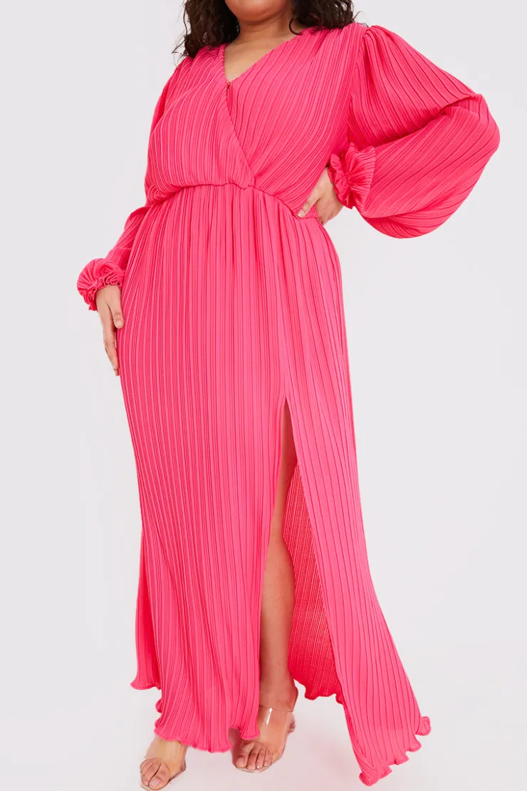 Hot In the Style Plisse Ballon Sleeve Maxi Dress Pink