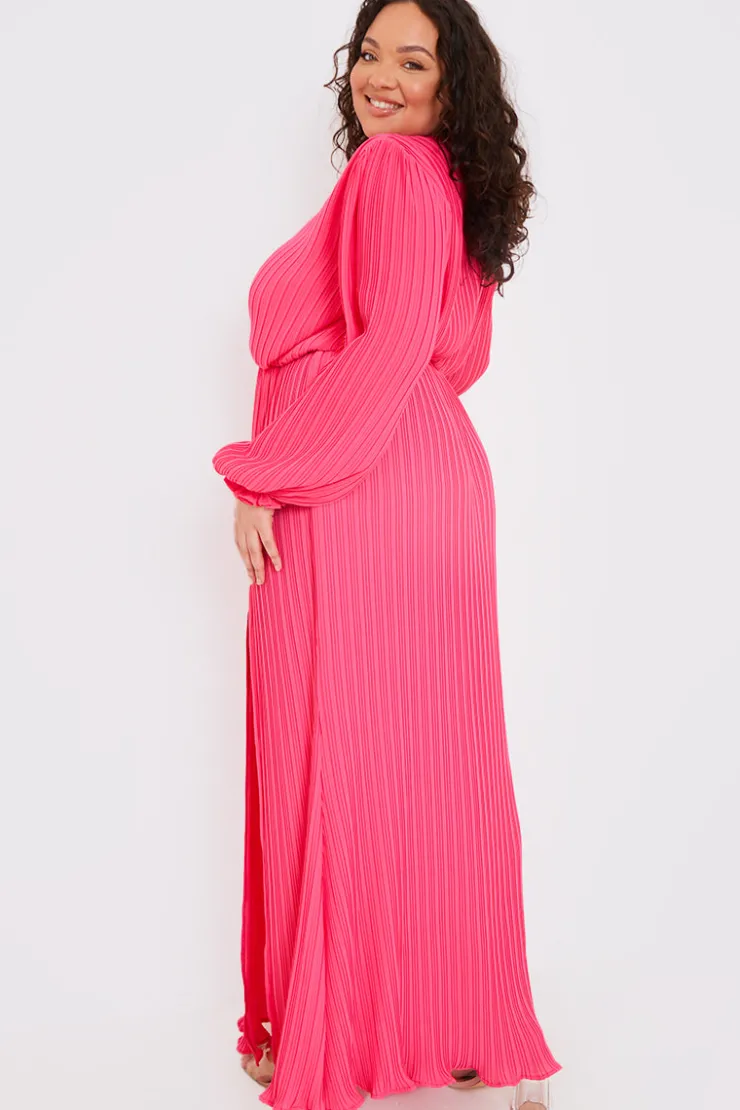 Hot In the Style Plisse Ballon Sleeve Maxi Dress Pink