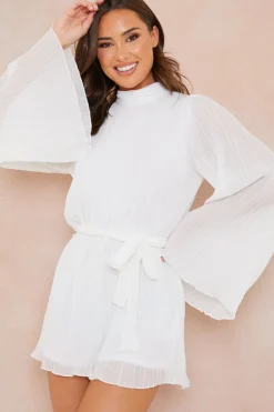Clearance In the Style Plisse High Neck Tie Waist Playsuit White