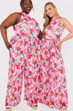 Online In the Style Plisse Sleeveless Wide Leg Jumpsuit Coral