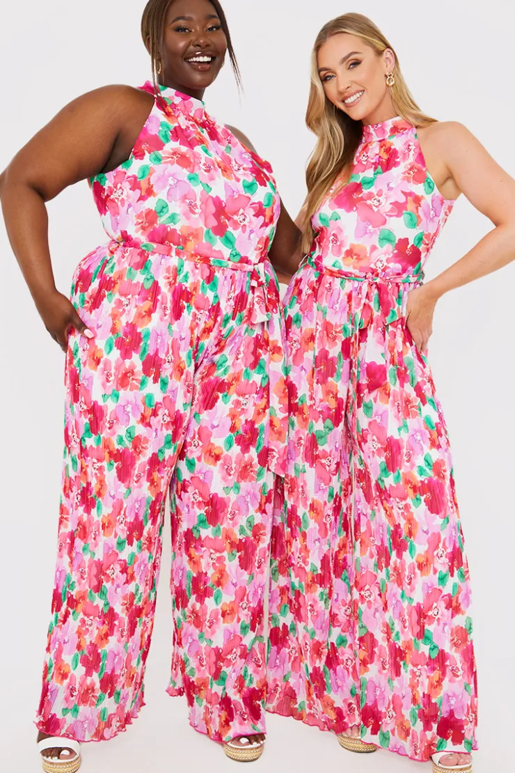 Online In the Style Plisse Sleeveless Wide Leg Jumpsuit Coral