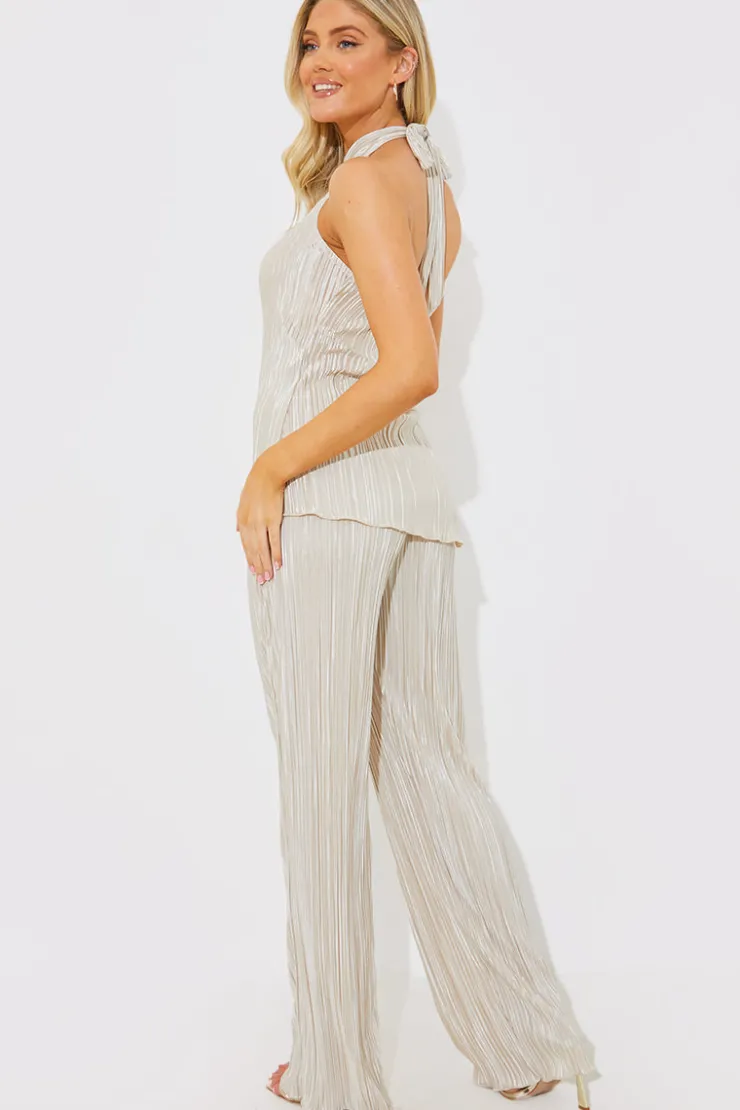 New In the Style Plisse Wide Leg Co-Ord Trousers Stone