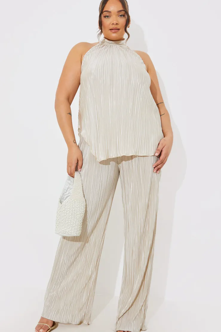 New In the Style Plisse Wide Leg Co-Ord Trousers Stone