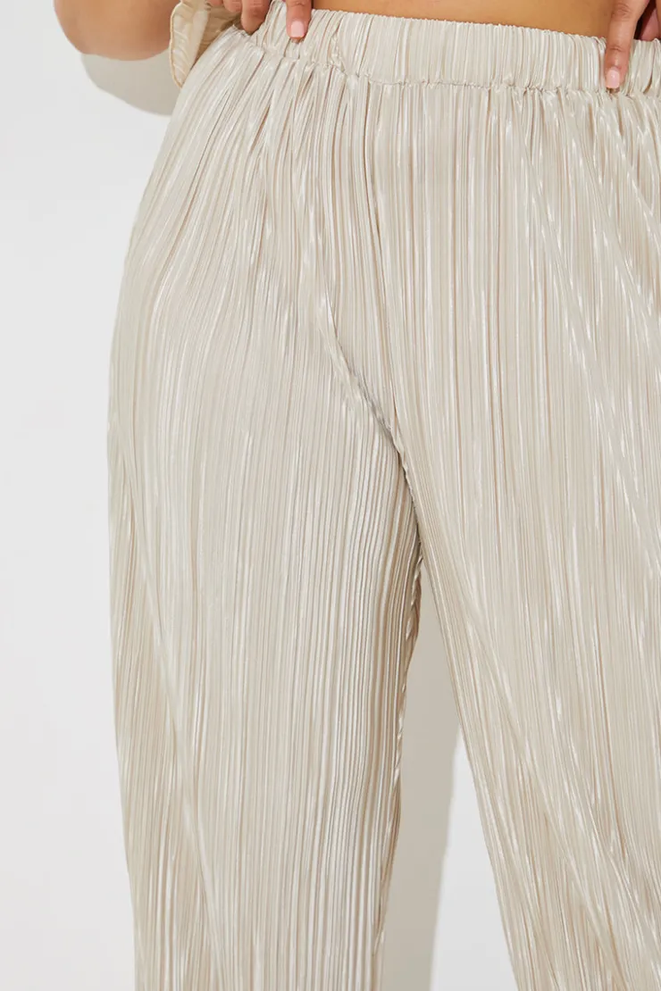 New In the Style Plisse Wide Leg Co-Ord Trousers Stone