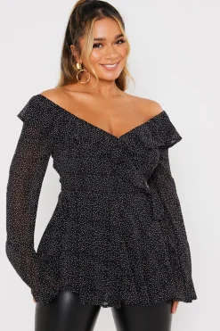 Outlet In the Style Polka Dot Print Off The Shoulder Top With Tie Waist Black
