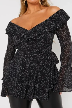 Outlet In the Style Polka Dot Print Off The Shoulder Top With Tie Waist Black