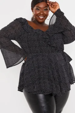 Outlet In the Style Polka Dot Print Off The Shoulder Top With Tie Waist Black
