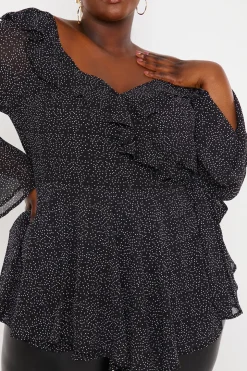 Outlet In the Style Polka Dot Print Off The Shoulder Top With Tie Waist Black