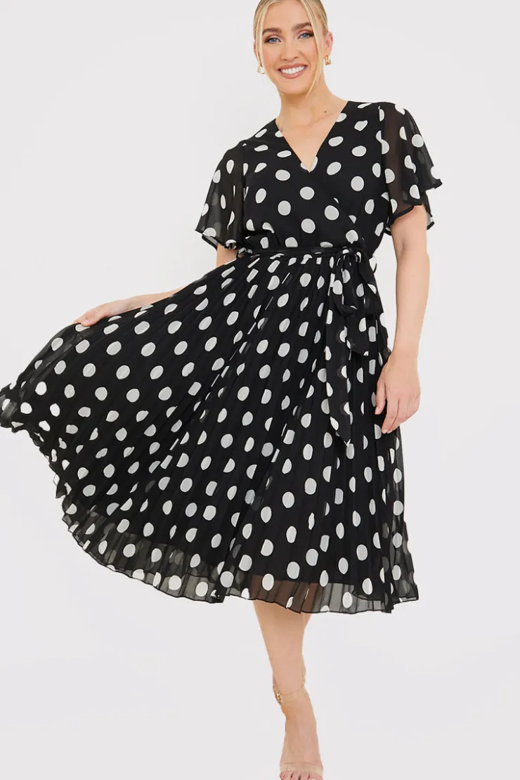 Sale In the Style Polka Dot Print Pleated Wrap Midi Dress