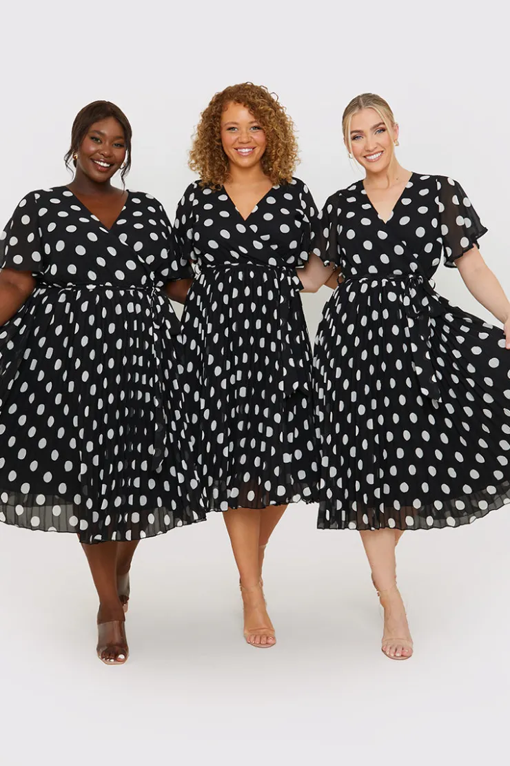 Sale In the Style Polka Dot Print Pleated Wrap Midi Dress