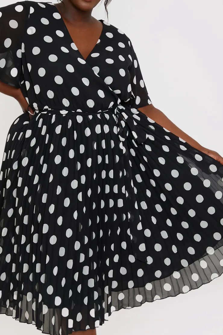 Sale In the Style Polka Dot Print Pleated Wrap Midi Dress