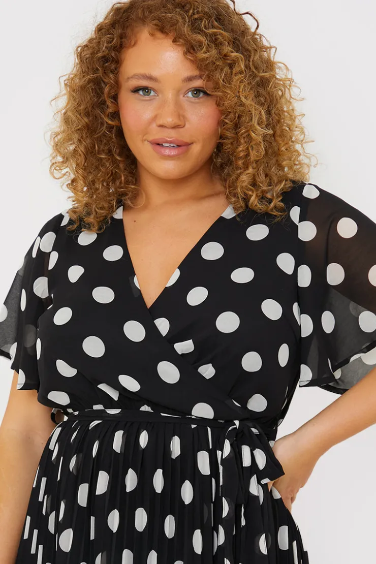 Sale In the Style Polka Dot Print Pleated Wrap Midi Dress