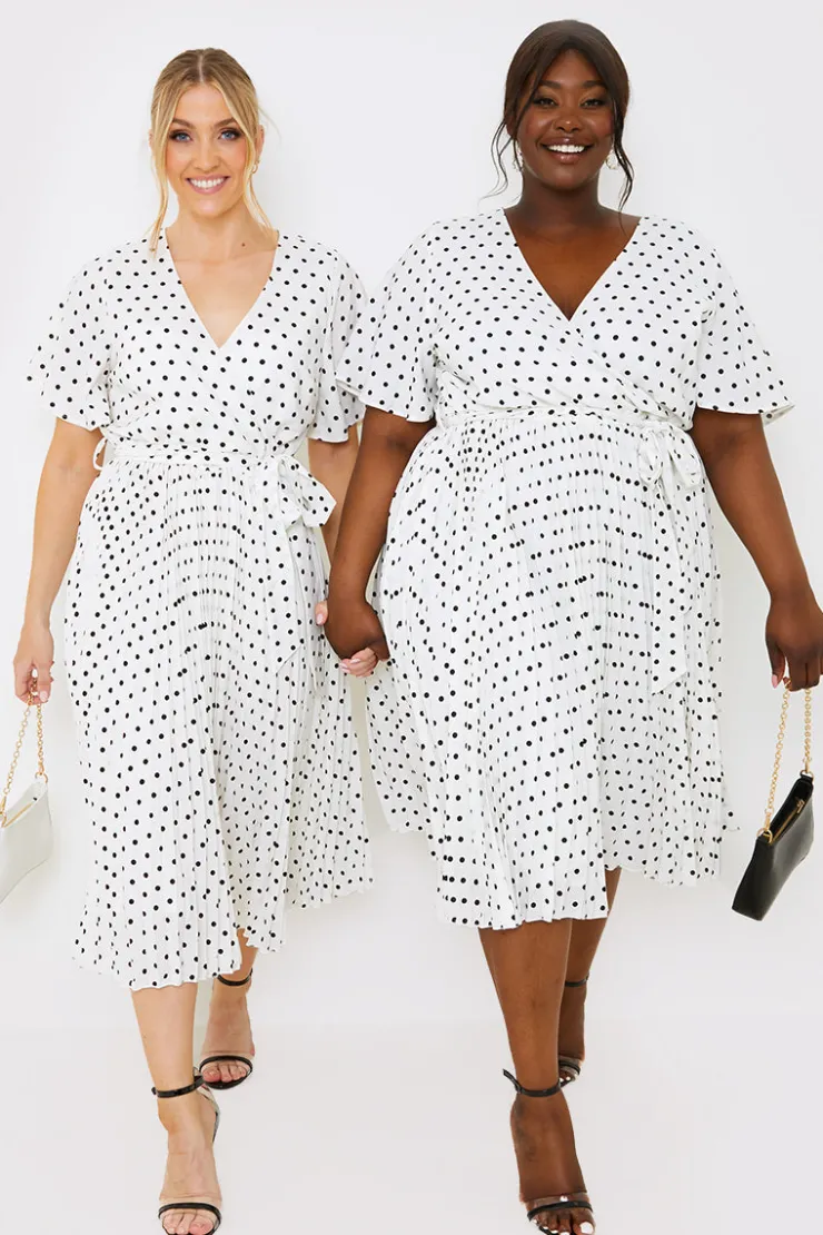Sale In the Style Polka Dot Print Pleated Wrap Midi Dress