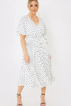 Sale In the Style Polka Dot Print Pleated Wrap Midi Dress