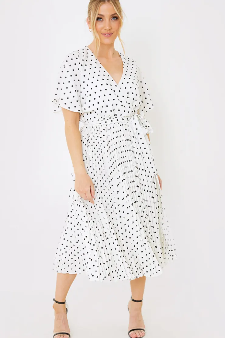 Sale In the Style Polka Dot Print Pleated Wrap Midi Dress