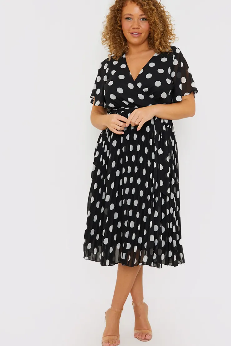 Sale In the Style Polka Dot Print Pleated Wrap Midi Dress
