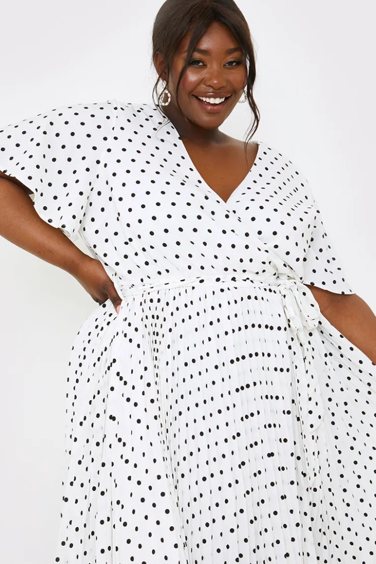 Sale In the Style Polka Dot Print Pleated Wrap Midi Dress