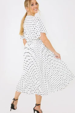 Sale In the Style Polka Dot Print Pleated Wrap Midi Dress