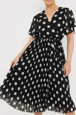Sale In the Style Polka Dot Print Pleated Wrap Midi Dress