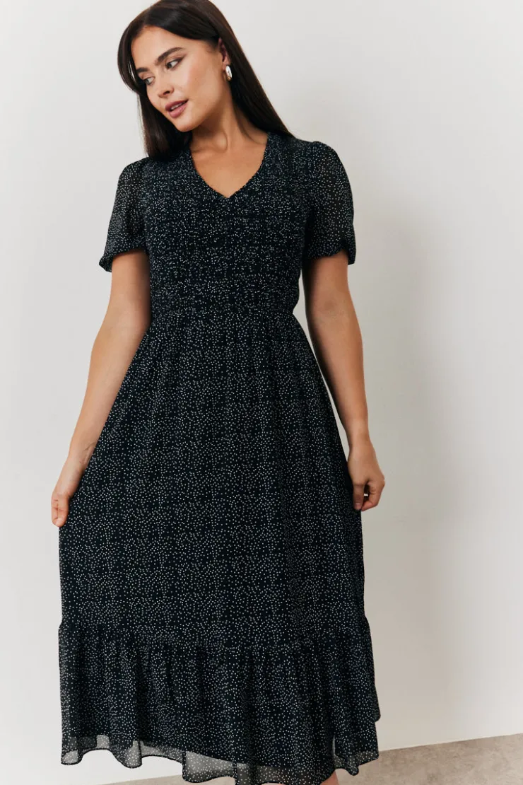 Discount In the Style Polka Dot V Neck Puff Sleeve Midaxi Dress Black