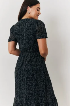 Discount In the Style Polka Dot V Neck Puff Sleeve Midaxi Dress Black