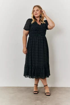 Discount In the Style Polka Dot V Neck Puff Sleeve Midaxi Dress Black