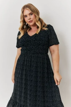 Discount In the Style Polka Dot V Neck Puff Sleeve Midaxi Dress Black