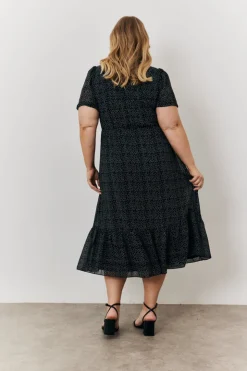 Discount In the Style Polka Dot V Neck Puff Sleeve Midaxi Dress Black