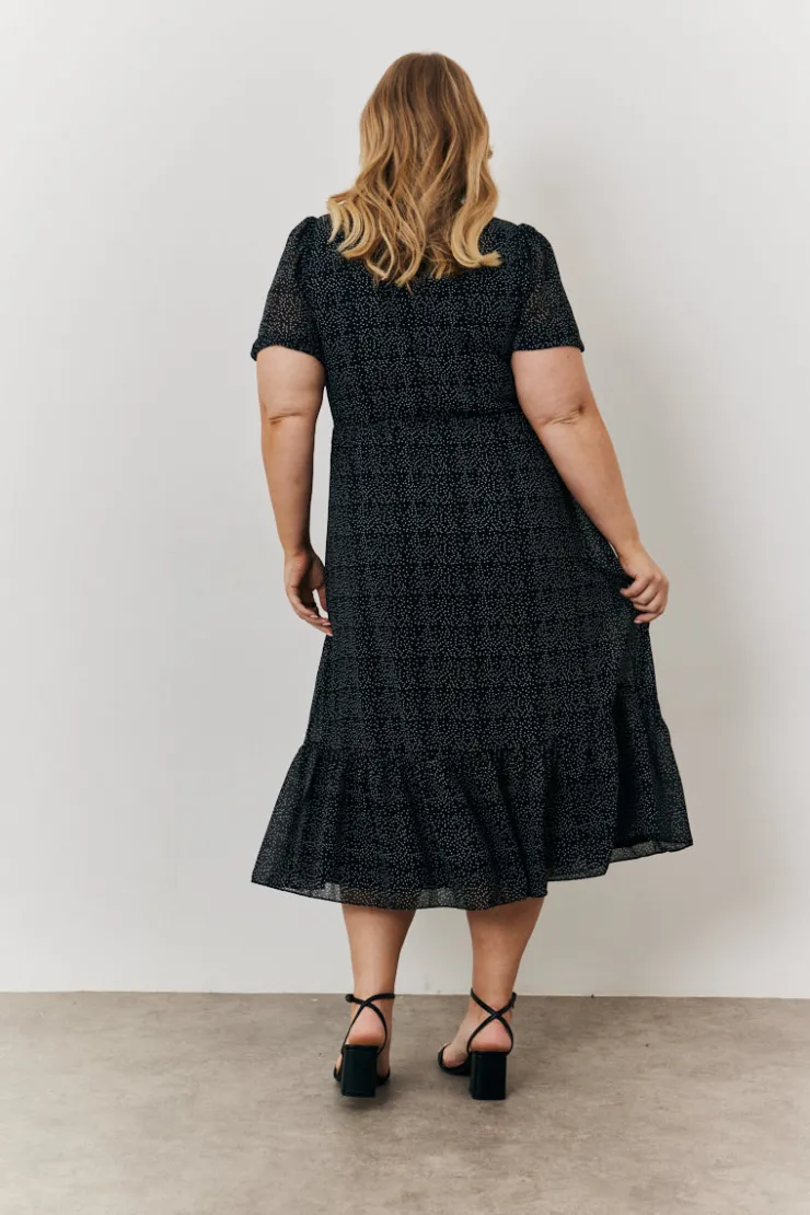 Discount In the Style Polka Dot V Neck Puff Sleeve Midaxi Dress Black