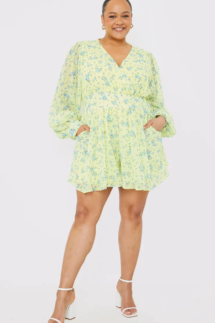 New In the Style Printed Balloon Sleeve Playsuit Yellow