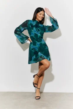 Clearance In the Style Printed Draped Back Boat Neck Mini Dress Green
